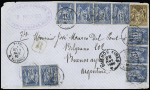 Argentine : n° 80 + 90, 9 pièces, OBL CAD "Paris R. Taitbout" (1880) sur lettre recommandée du 4ème échelon de poids avec arrivée au recto. RR et TB