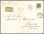 Bolivie : n°82, 1F olive, OBL CAD "Bordeaux - Bourse Gironde" (1898) sur une grande lettre recommandée d'office pour le Ministre de l'Agriculture à Sucre avec au recto CAD ovale d'arrivée "Potosi Fraca". RR et TB