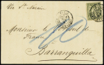 Colombie : n°72, 1F bronze OBL CAD "Paris rue d'Enghien" (1876) seul sur lettre pour Barranquilla avec mention manuscrite "Via St Nazaire" (tarif du 1.1.1876). TB