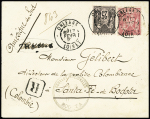 Colombie : n°97 + 104 OBL CAD "Orléans Loiret" (1898) sur lettre recommandée au 2ème échelon de poids du tarif unique U.P.U de 1.10.1881 avec transit Bogota au recto, jolie pièce. RR et TB