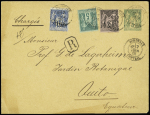 Equateur : n° 75 + 90 + 97 OBL CAD "Bordeaux central" (1891) sur env. entier postal 5c Sage vert recommandée au tarif unique U.P.U du 1.10.1881. RR et TB