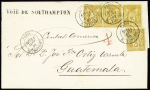 Guatemala : n°92, 4 pièces, OBL CAD "Paris R. Taitbout" (1880) sur lettre du 1er échelon de poids au tarif du 1.4.1879 avec taxe au tampon rouge de 4 réales du port d'arrivée jusqu'à destination et griffe noire "Vo