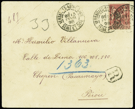 Pérou : n°98, 50c rose, OBL CAD "Versailles Notre-Dame Seine-et-Oise" (1898) sur lettre recommandée pour Chepen (tarif unique U.P.U du 1er échelon de poids du 1.10.1881). TB