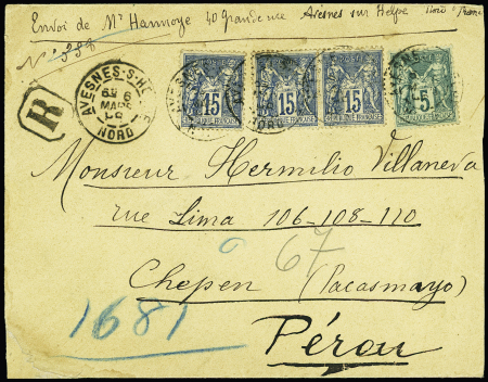 Pérou : n°75 + 90, 3 pièces, OBL "Avesnes-s-Helpe Nord" (1898) sur lettre recommandée du 1er échelon de poids pour Chepen. RR et TB