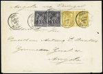 Angola : n°89, 2 pièces + 92 en paire OBL CAD "Paris rue Cambon" (1881) sur lettre pour le Gouverneur Général de l'Angola du 2ème échelon de poids (30 sept 81 - dernier jour du tarif du 1 mai 1878). Destina