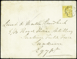 Egypte (Soudan égyptien) : n°92 OBL CAD ambulant "Irun à Bordeaux c" (1885) sur lettre pour un lieutenant anglais de l'expédition  militaire à Suakim avec divers transits au verso. Seulement 2 lettres connues. Docum
