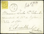 Gabon : n°92 OBL CAD "Cabourg Calvados" (1884) sur lettre du 1er échelon de poids (tarif du .4.1879) pour Libreville avec au verso CAD bleu "Paris étranger" et CAD ambulant rouge "Paris à Modane". RR et TB