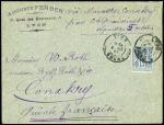 Guinée : n°90 OBL CAD "Lyon Rhone" (1900) sur lettre pour Conakry vec au verso transit et arrivée (depuis le 1.1.1899 les lettres pour les colonies françaises ne sont plus passibles du tarif UPU mais du tarif intéri