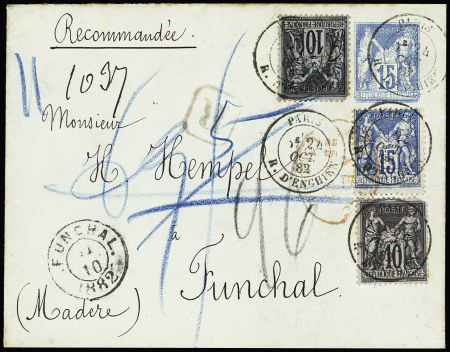 Madère : n°89, 2 pièces + 90 OBL CAD "Paris R. d'Enghien" (1882) sur lettre recommandée pour Funchal avec arrivée au recto, RR et TB