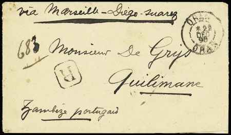 Mozambique : n°75 + 89, 3 pièces + 90 OBL CAD "Oran Oran" (1898) sur lettre recommandée pour Quilimane (Zambèze portugais) avec transit Marseille et arrivée. RR et TB