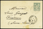 Sierra Léone : env. entier postal 5c sage OBL Valenciennes Nord" (1893) pour Freetown avec CAD d'arrivée au recto. TB