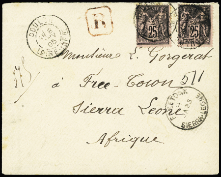 Sierra Léone : n°97, 2 pièces, OBL CAD "Doulon Loire Infre" (1895) sur lettre recommandée du 1er échelon de poids au tarif unique U.P.U du 1.10.1881 pour Freetown avec arrivée au recto. Très rare et TB.