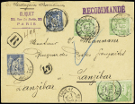 Zanzibar : n°90, 2 pièces + 102, 4 pièces, OBL CAD "Paris 47 BdHaussmann" (1899) sur lettre recommandée du 1er échelon de poids pour le receveur des postes françaises de Zanzibar. TB