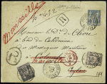 Ceylan : n°89 + 97 OBL CAD "Bourg St Andéol Ardèche" (1891) sur env. entier postal 15c sage recommandée pour un passager du paquebot Calédonien à Colombo réexpédiée à Marseille. TB