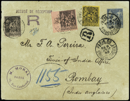 Inde : n° 89 + 91 + 93 OBL CAD "Paris 68 Bd Rochechouart" (1892) sur env. entier postal 15c sage recommandée du 2ème échelon de poids avec accusé de réception pour Bombay. RR et TB