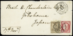 Japon : n°57 + 69 OBL CAD "Versailles Seine et Oise" (1876) sur lettre du 1er échelon de poids pour Yokohama par voie de Brindisi. Bel aff. composé Cérès-Sage. TB