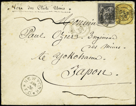 Japon : n°89 + 92 OBL CAD "St Etienne Loire" (1881) sur lettre pour Yokohama avec mention manuscrite "Voie des Etats-Unis" et CAD de transit au recto "New-york FD" et San Francisco au verso (1er échelon de poids par vo