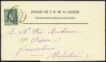 Palestine : n°75  OBL Grenoble Isère (1892) sur bande des Annales de N.D de la Salette pour Jérusalem. RR et TB