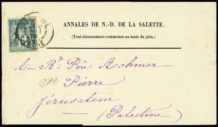 Palestine : n°75  OBL Grenoble Isère (1892) sur bande des Annales de N.D de la Salette pour Jérusalem. RR et TB