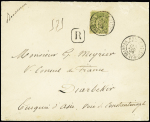Turquie : n°82, 1F bronze, OBL "Nancy Meurthe et Moselle" (1896) seul sur lettre recommandée du 3ème échelon de poids pour Diarkébir. RR et TB