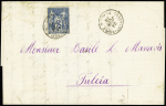 Turquie : n°79 (LD) OBL CAD type 15 "Constantinople Turquie" (1878) sur lettre pour Tulscha avec au verso rarissime CAD perlé bleu "Tulscha Turq. D'Europe". TB