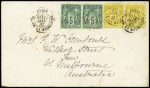 Australie : n°75 en paire + 92 en paire OBL CAD "Paris PL. de la Madeleine" (1885) sur lettre du 1er échelon de poids pour Merlbourne (Australie méridionale). TB