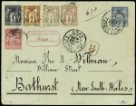 Australie : n° 83 + 85 + 87 + 88 + 98 OBL Oran Kargentah (1892) sur env. entier postal 15c sage recommandée du 2ème échelon de poids pour Bathurst (Nouvelles Galles du Sud). RR et TB