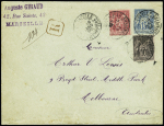 Australie : n°98 + 89 OBL CAD "Marseille Cours du Chapitre" (1895) sur env. entier postal 15c sage recommandée pour Melbourne. RR et TB