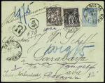 Indonésie : n°89 + 97 OBL "Paris 16 R.Réaumur" (1899) sur env. entier postal 15c sage pour Java avec au verso CAD de Weltevrede, Batavia et Soerabaja. RR et TB