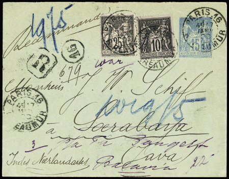 Indonésie : n°89 + 97 OBL "Paris 16 R.Réaumur" (1899) sur env. entier postal 15c sage pour Java avec au verso CAD de Weltevrede, Batavia et Soerabaja. RR et TB