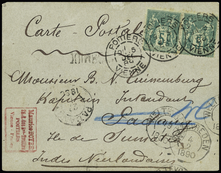 Indonésie : n°75 en paire OBL CAD "Poitiers Vienne" (1889) sur carte postale de fortune manuscrite pour Padang (Sumatra) avec arrivée. TB