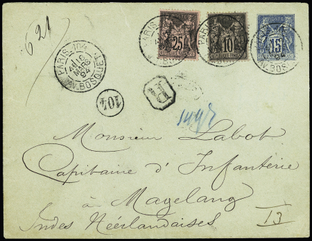 Malaisie : n°89 + 97 OBL "Paris 104 av. Bosquet" (1894) sur env. entier postal 15c sage recommandé du 1er échelon de poids pour Magelang. RR et TB