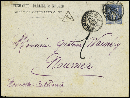 Nouvelle-Calédonie : n°90 OBL CAD ambulant "Cette a Tarascon rapide C" (1888) sur lettre du 1er échelon de poids pour Nouméa avec taxe 2 tampon façon manuscrite et au verso CAD d'arrivée Nouméa, jolie pièce rare