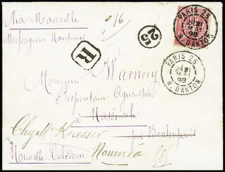 Nouvelle-Calédonie : n°98, 50c rose, OBL CAD "Paris 25 R.Danton" (1898) sur lettre pour Boulouparis réexpédiée à Nouméa, avec au verso CAD de Boulouparis et Nouméa. RR et TB