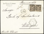 Nouvelle Zélande : n°97 en paire OBL hex à cercle intérieur "Bordeaux les Salinières A - Gironde" (1890) sur lettre recommandée pour Wellington. Rare et TB