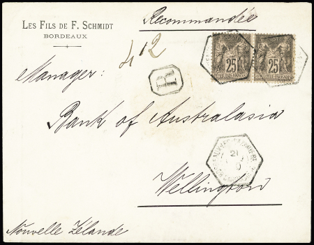 Nouvelle Zélande : n°97 en paire OBL hex à cercle intérieur "Bordeaux les Salinières A - Gironde" (1890) sur lettre recommandée pour Wellington. Rare et TB