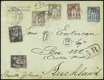 Nouvelle Zélande : n°87, 2 pièces + 88 + 89 + 97 OBL "Paris 81 R. des Capucines" (1898) sur env. entier postal 15c sage recommandée avec AR du 1er échelon de poids pour Auckland, bel affranchissement composé. TB