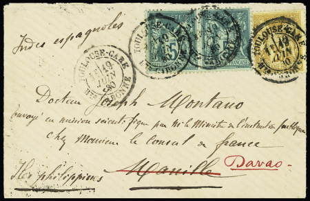Philippines : N°75 en paire + 92 OBL CAD "Toulouse - Gare Hte garonne" (1880) sur lettre pour Manille réexpédiée à Davao (Ile de Mindanao). RR et TB