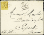 Tahiti : n°92 OBL CAD "Paris R.Taitbout" (1884) sur lettre pour le directeur des postes de Papeete avec au verso CAD "Papeete Taïti". RR et TB, certificat Behr