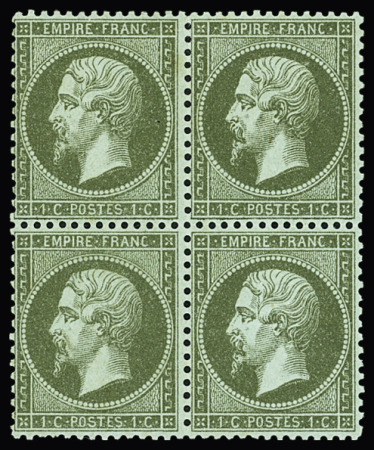 N°19 1c vert-olive en bloc de 4 avec tous les timbres signés Calves, paire du bas **, très frais, TTB (cote pour *)
