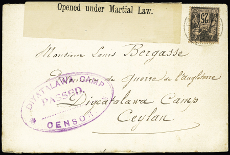 N°97 OBL Paris (1900) sur lettre pour un français "Prisonnier de guerre de l'Angleterre" à Ceylan avec bande de censure imprimée "Opened under Martial Law" et grand cachet ovale violet "Diyatalawa camp passed censor"