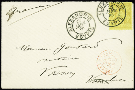 N°92 OBL CAD "Alexandrie Egypte" (1886) répété à côté sur lettre. TB