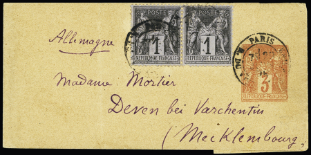 N°83 en paire OBL Paris (1895) sur entier postal bande 3c vermillon (SAG C3) pour Deven (Mecklembourg Allemagne). TB
