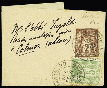 N°102 OBL Paris 90 R.Fontaine (1900) sur entier bande 2c brun-rouge (SAG B3) AFF.  7c pour Colmar (Alsace allemande). TB