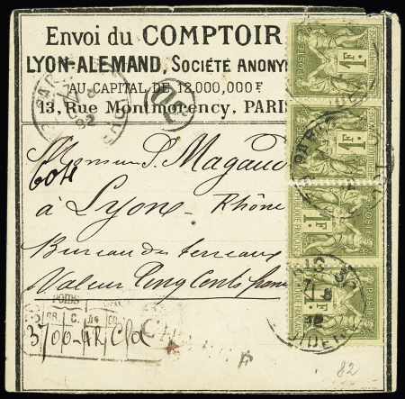 N°82, 1F olive, 4 pièces, OBL Paris 30 sur étiquette de colis chargée (VD 500F). TB