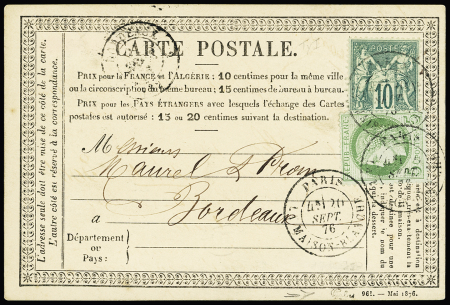 N°53 + 65 OBL CAD "Paris la Maison-Blanche" (1876) sur carte postale précurseur, AFF composé Cérès-Sage. TB