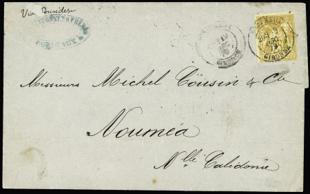 N°92 OBL CAD "Bordeaux Gironde" (1879) sur lettre pour Nouméa (Nouvelle Calédonie), destination rare et TB