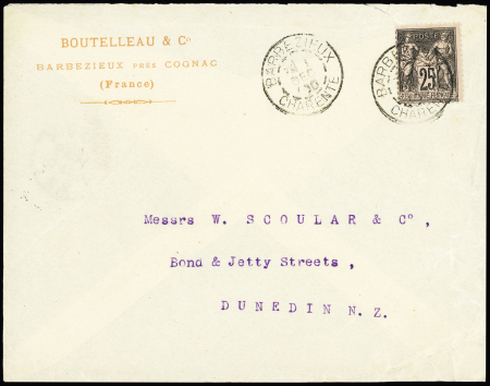 N°97 OBL CAD "Barbezieux Charente" (1900) sur lettre pour Dunedin (Nouvelle-Zélande), destination RR et TB