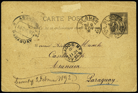 Entier carte postale 10c Sage OBL CAD "St Omer Pas de Calais" (1891) pour le Paraguay avec au recto CAD "Asuncion Paraguay". TB