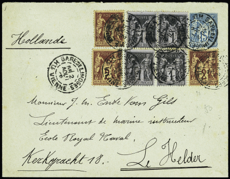 N°83, 4 pièces + n°85, 3 pièces OBL CAD "Gare de Limoges Hte Vienne" (1896) sur entier postal 15c Sage pour Le Helder (Hollande). TB